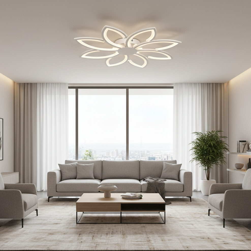 Lustra LED cu telecomanda si cristal FLORA 82W, 8 Petale, lumina Rece/Calda/Neutra, Dimabila, Alb
