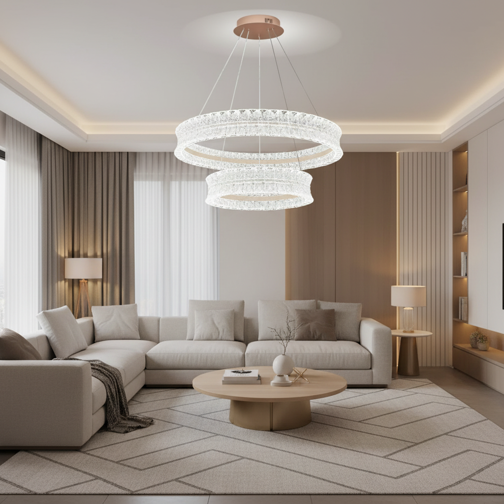 Lustra LED Cristal cu telecomanda, Lumina Calda/Neutra/Rece, D60 cm, Inaltime Reglabila, Metal si Cristal, Auriu
