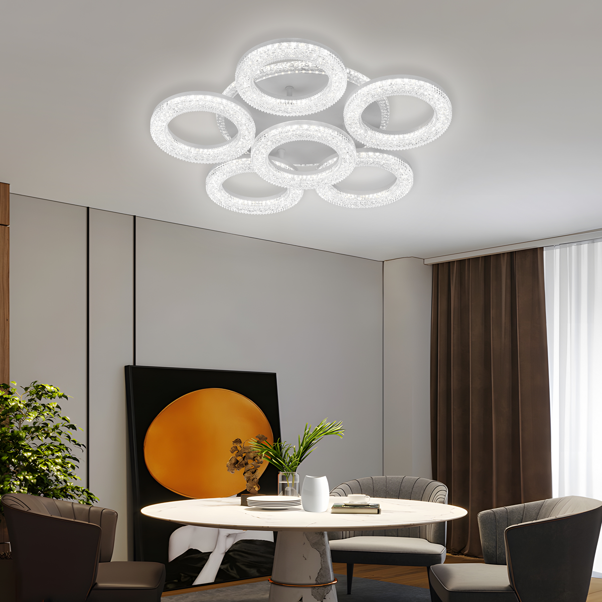 Lustră LED FREJA cu Telecomandă, 51cm, 90W, 3000K/4000K/6000K, Dimabil, Alb, Cristale, 6 Cercuri, imaginea 1