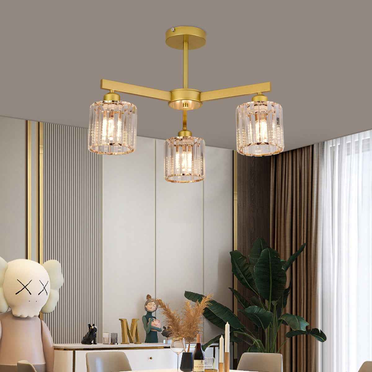 Lustra Clasica Moderna LC110/3GD cu Cristal, 3x E27, Auriu, Metal si Cristal
