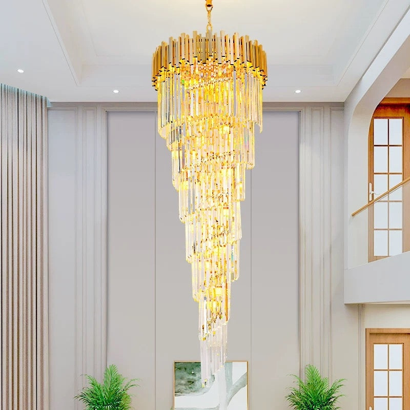 Candelabru Cristal CC110/600x1800GD, 28xE14, Diametru 60cm, Inaltime 180cm, Auriu Lucios, Inaltime Reglabila, Design Elegant