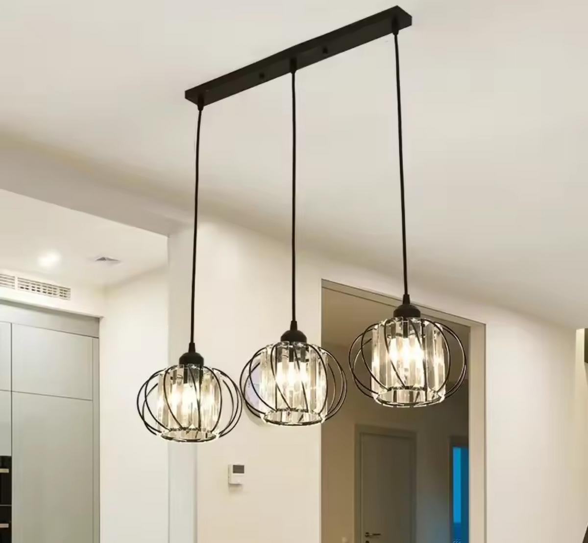 Lustra Clasica Moderna, Suspendata, Monica LC910/3LBK, 3 X E27, Negru, Metal si Sticla, Inaltime Reglabila