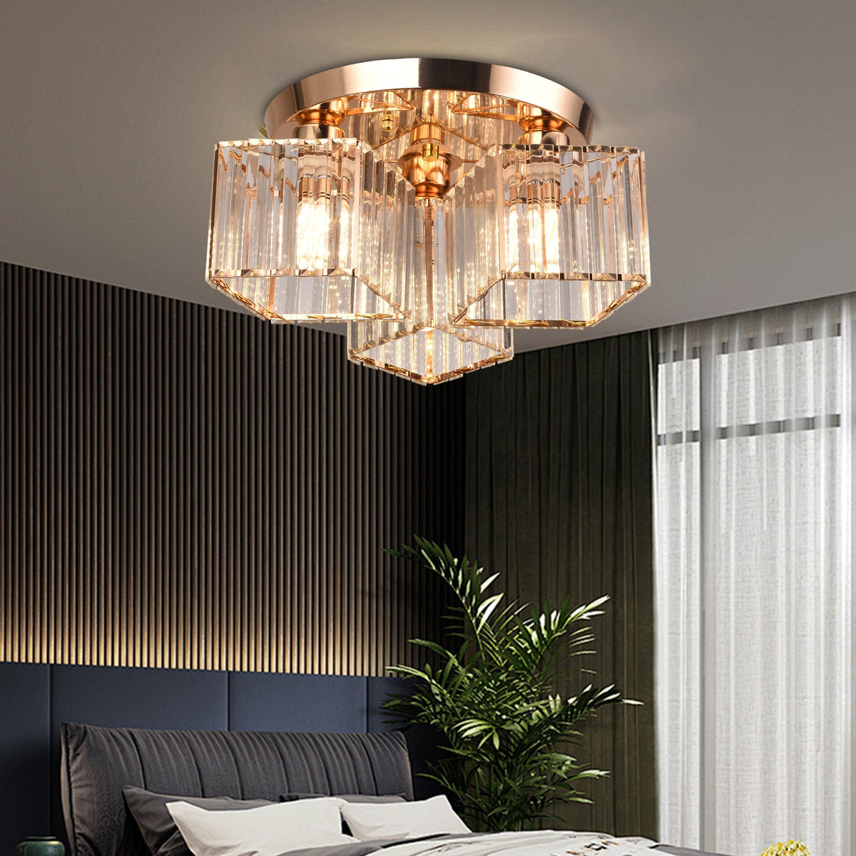Lustra Clasica Moderna Sasha, LC117/3GD, 3x E27, Metal si Cristal, Auriu, Abajur
