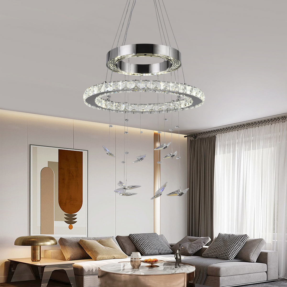 Lustra LED suspendata cu telecomanda si cristal 36W, 2 Cercuri, lumina Rece/Calda/Neutra, Dimabila, Crom Lucios, Inaltime Reglabila