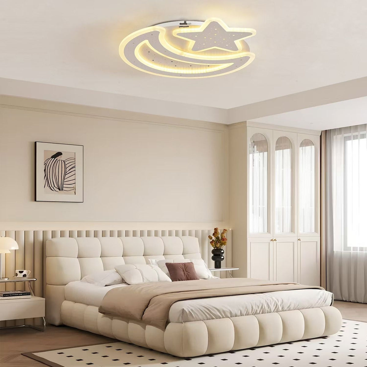 Lustra LED cu telecomanda CORALIA 90W, Luna si Stea, lumina Rece/Calda/Neutra Dimabila Alb, imaginea 1