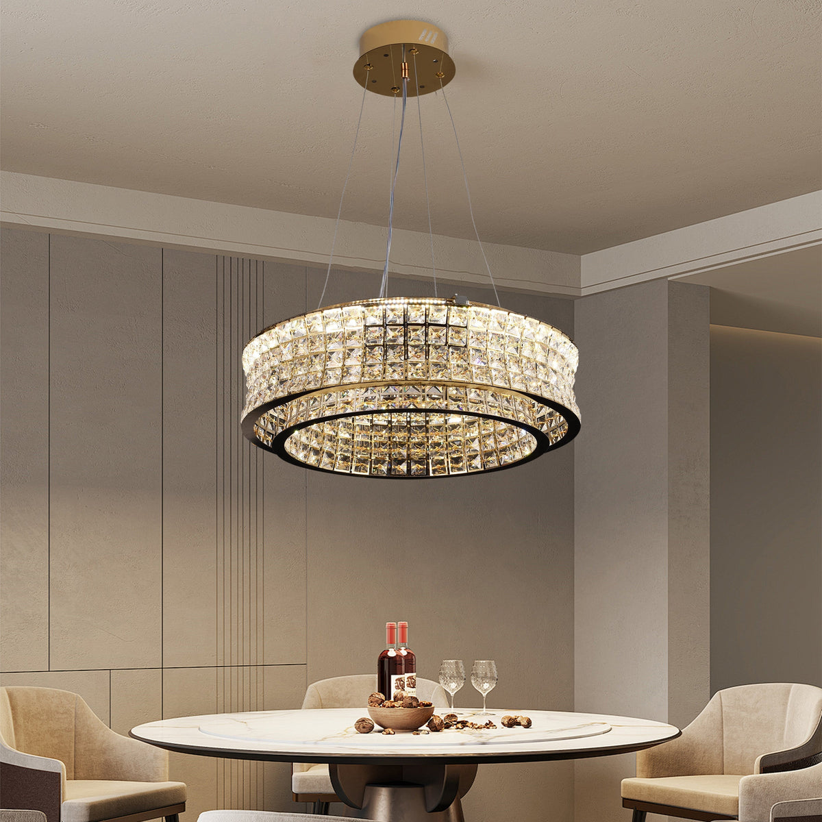 Lustra LED cu Telecomanda,LLC160/500GD, Cristal si Metal, 54W, Dimabila, Inaltime Reglabila, Lumina Rece/Calda/Neutra, Iluminat Luxos