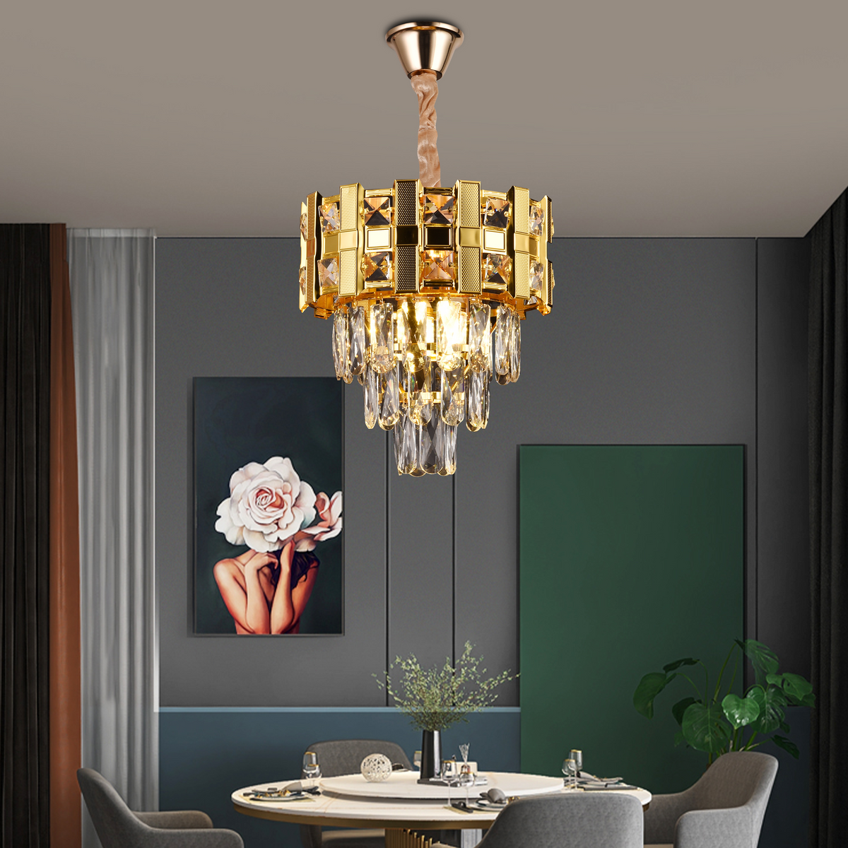 Candelabru Cristal BRAN Petito 3xE14, Diametru 30cm, Auriu Lucios, Inaltime Reglabila