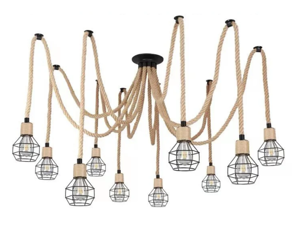 Lustra Vintage LV121/10BK, 10xE27, Rustic, Sfoara si Metal, 2x100cm, Suport Negru