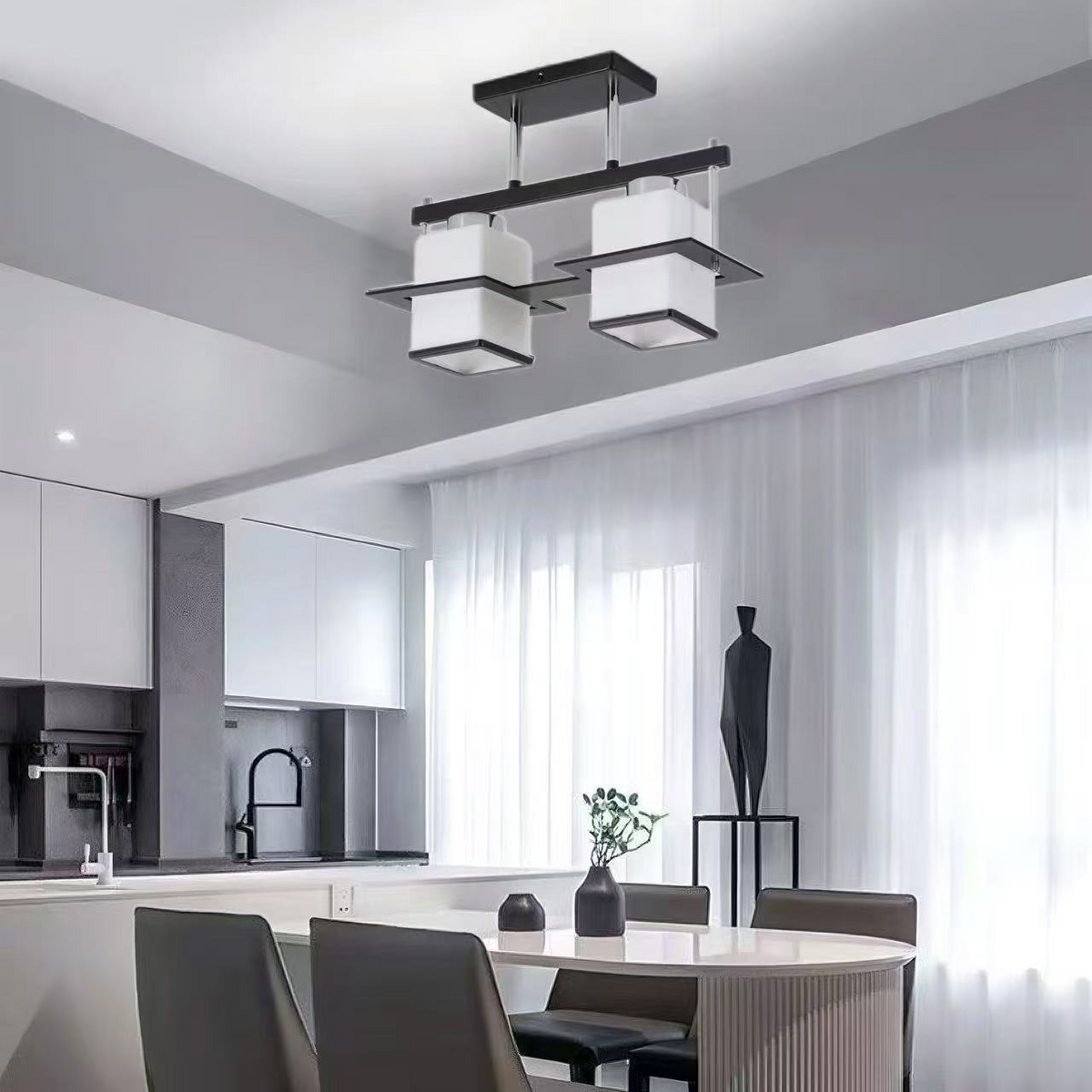 Lustra Clasica Aramis cu Lemn Abajur Patrat 2X E27 Gri Negru, imaginea 3