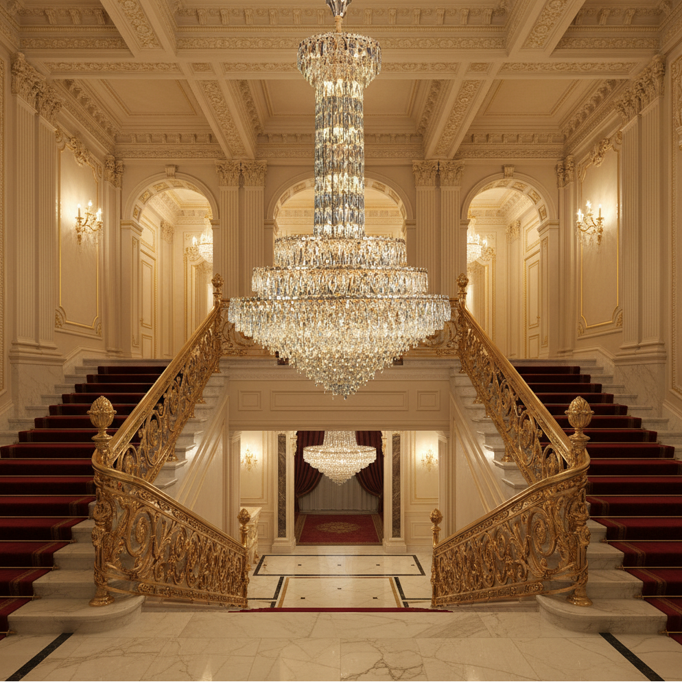 Candelabru Cristal GRAND 87xE14, D138 cm, Auriu, Inaltime Reglabila, Metal si Cristal