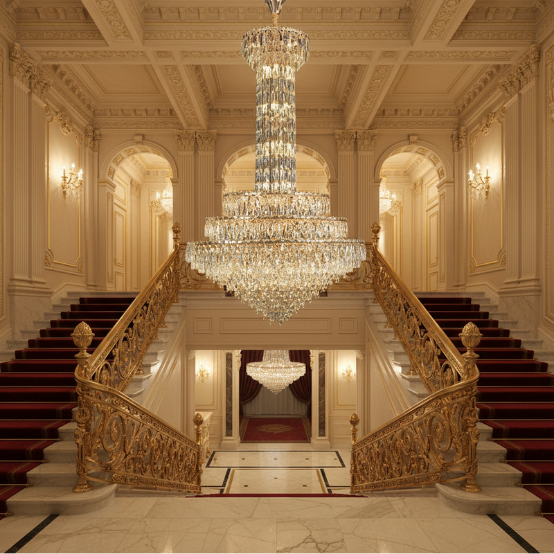 Candelabru Cristal GRAND 87xE14, D138 cm, Auriu, Inaltime Reglabila, Metal si Cristal