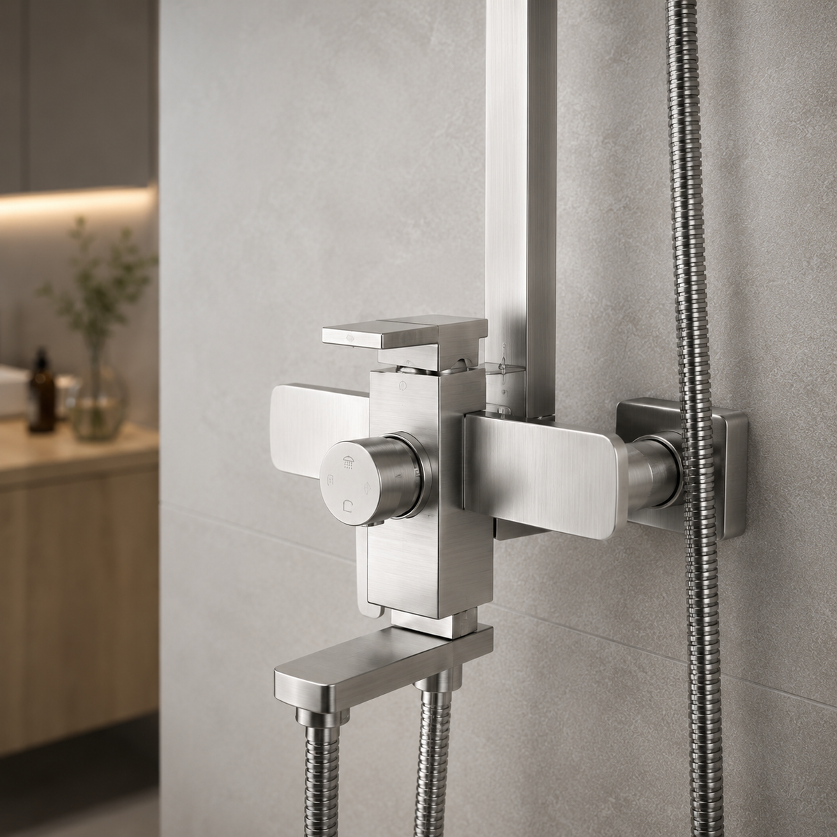 SET Coloana de dus cu baterie, Inox, para patrata, efect ploaie, 3 functii, montare pe perete, Satinat, Accesorii Incluse, LY005, imaginea 4
