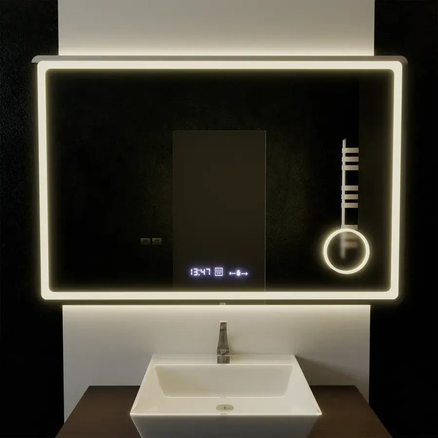 Oglinda LED Rectangulara, 120x80cm, Souverain MotionGlow Marcello, Sistem Dezaburire, Ceas & Termometru, Lupa Cosmetica, Dimabila