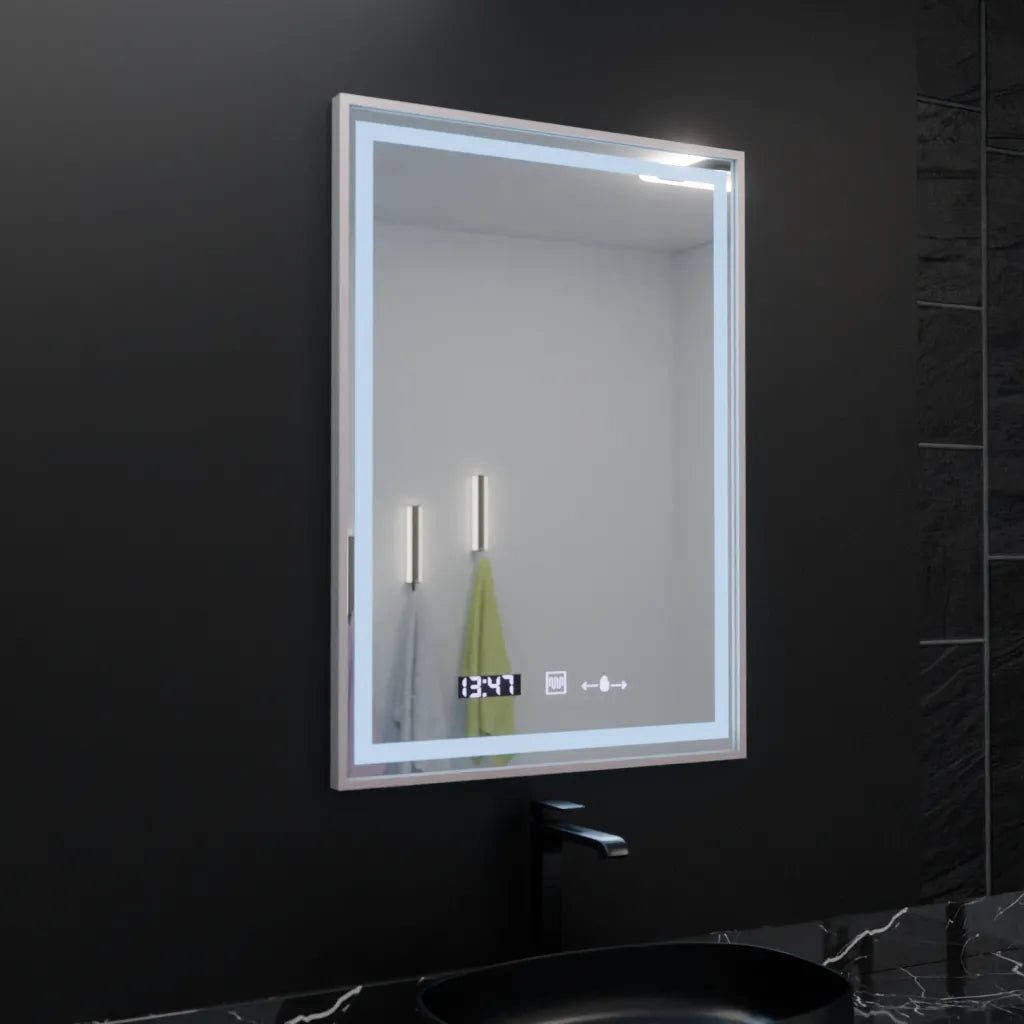 Oglinda LED Rectangulara, 60x80cm, Verite Imperial Silver Motion Glow Marcello, Sistem Dezaburire, Ceas & Termometru, Dimabila