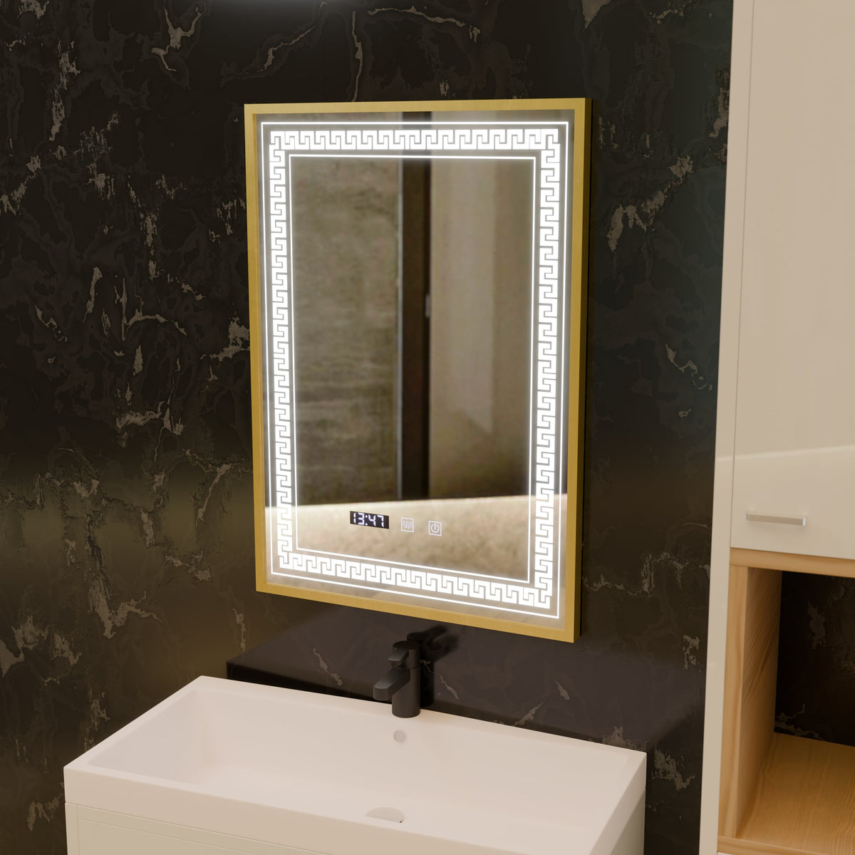Oglinda LED Touch Bruno Sistem Dezaburire, Ceas si Temperatura 60x80 cm Rama Auriu Brushed, S84/60X80