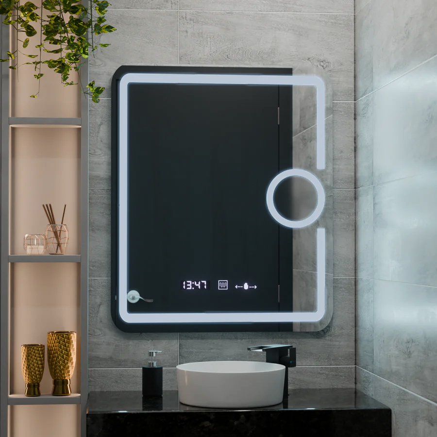Oglinda LED Rectangulara, 60x80cm, Eclat MotionGlow Marcello, Ceas & Termometru, Sistem Dezaburire, Lupa Cosmetica, Dimabila, imaginea 1