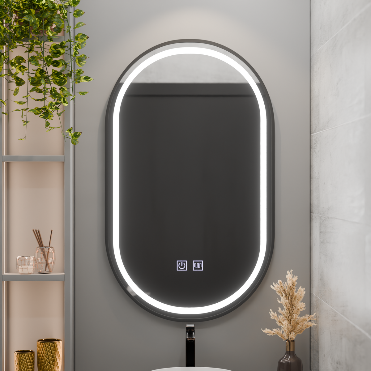 Oglinda LED Ovala 50x100cm VETRO Touch Sistem Dezaburire Dimabila, Rama Neagra