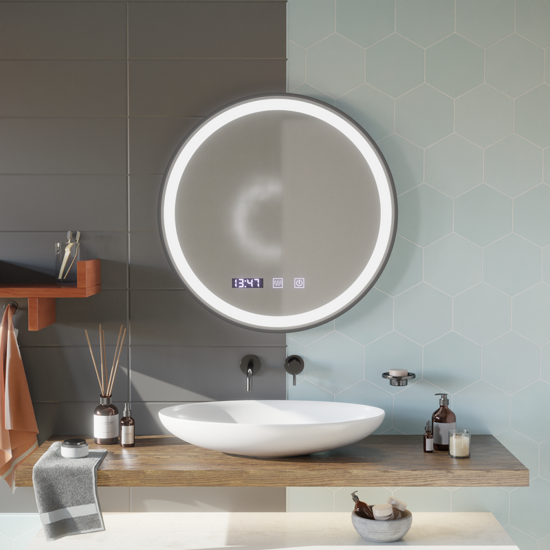 Oglinda LED Touch NOVARA Sistem Dezaburire, Ceas si Temperatura 90 cm Rama Negru Brushed