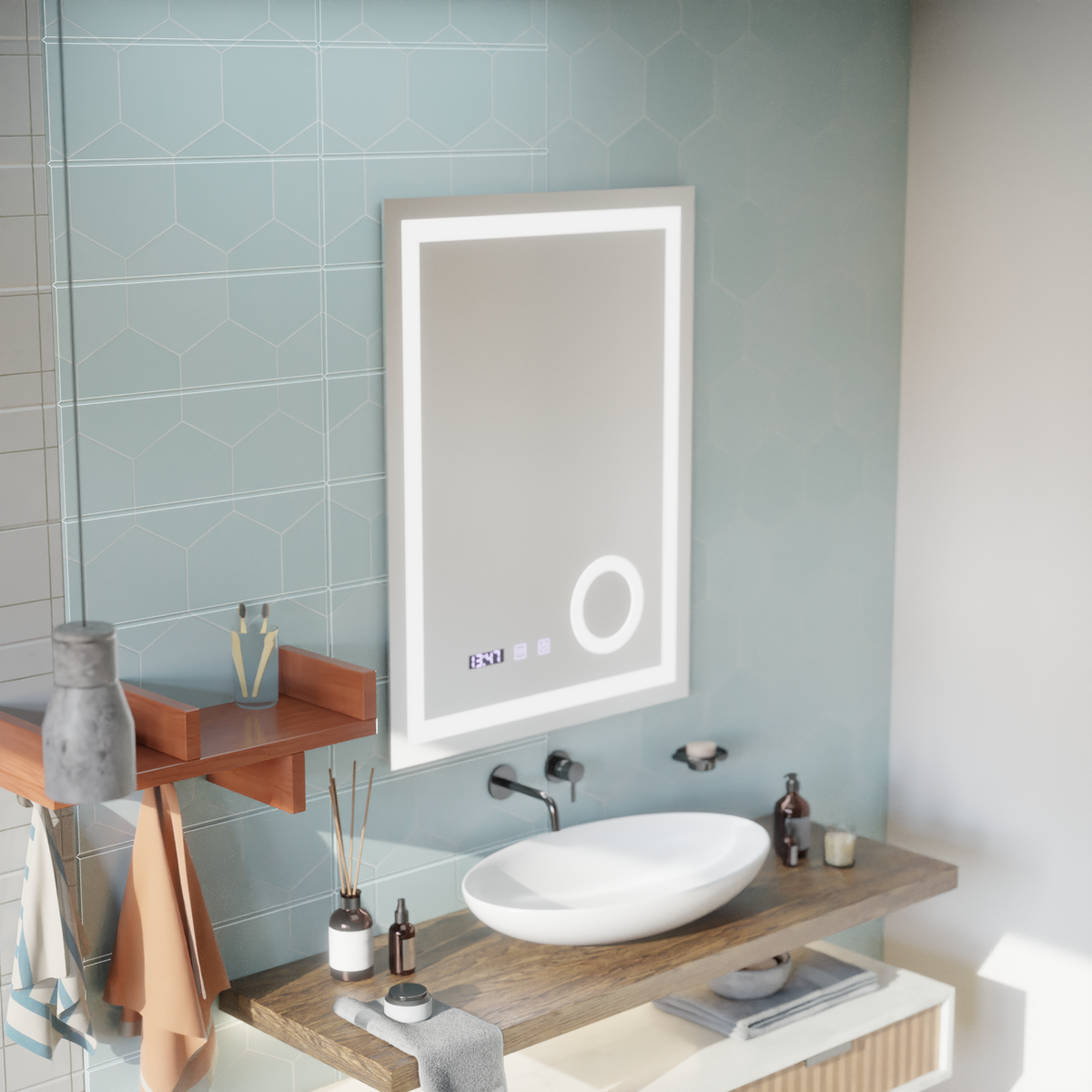 Oglinda LED Touch NIVERA Sistem Dezaburire, Ceas si Temperatura 60x80 cm Lupa Cosmetica, imaginea 5