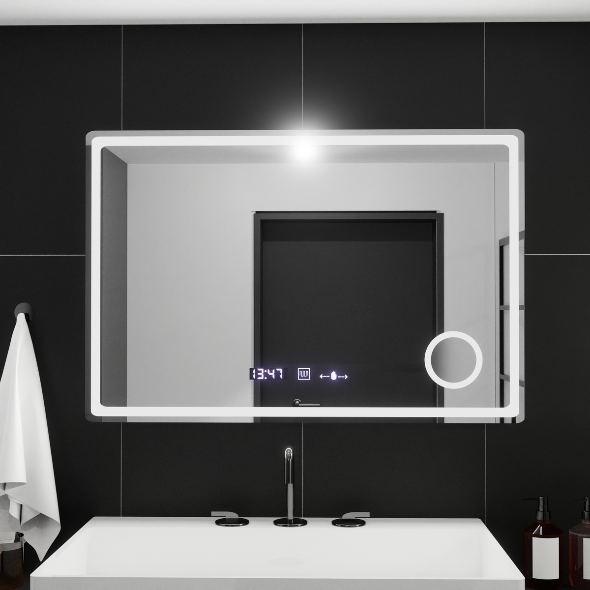 Oglinda LED Rectangulara, 90x60cm, Velour MotionGlow Marcello, Sistem Dezaburire, Ceas & Termometru, Lupa Cosmetica, Dimabila