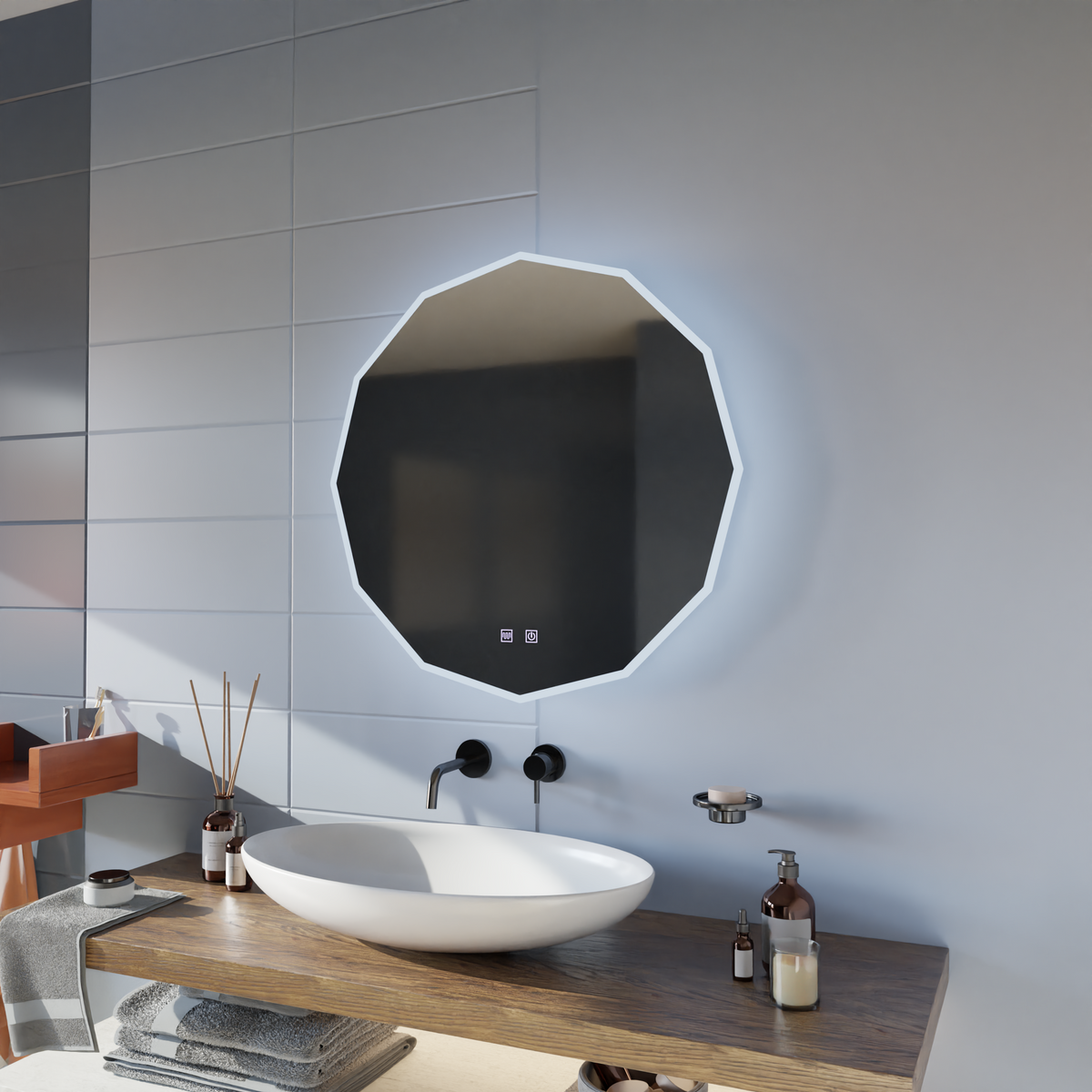 Oglinda LED Rotunda, 80cm, VIVO Touch, Sistem Dezaburire, Dimabila