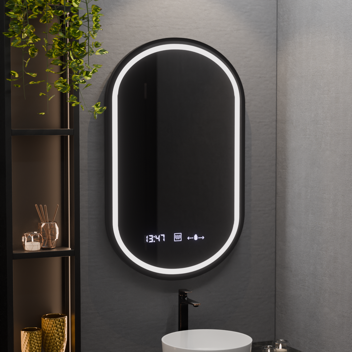 Oglinda LED Ovala, 50x90cm, Alessia MotionGlow Marcello, Sistem Dezaburire, Ceas & Termometru, Dimabila