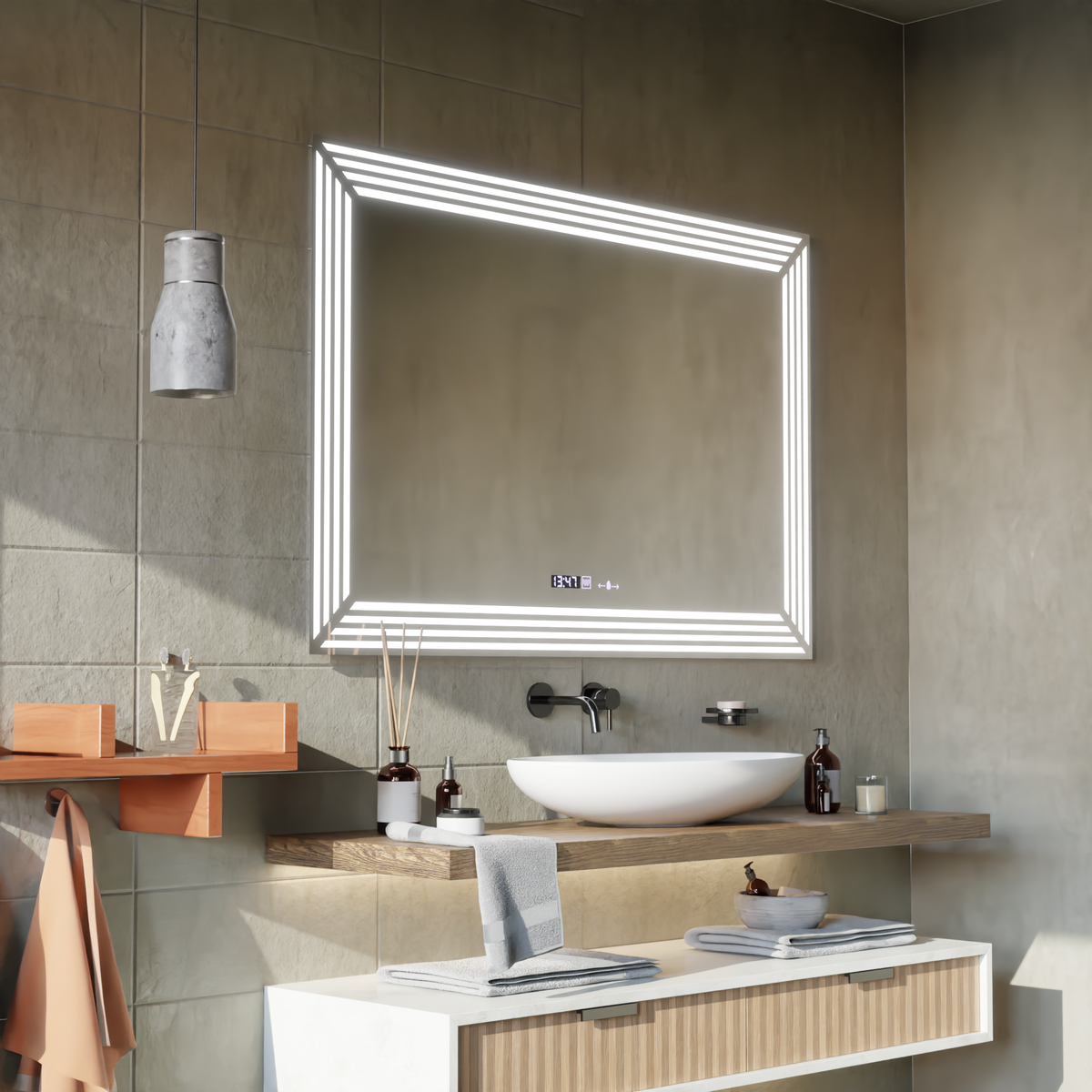 Oglinda LED Rectangulara, 120x80cm, Venezia Senzor MotionGlow Marcello, Sistem Dezaburire, Ceas & Termometru, Dimabila