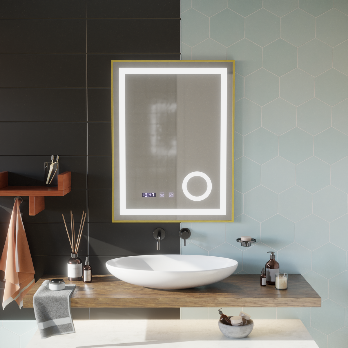 Oglinda LED Touch CLARUS Sistem Dezaburire, Ceas si Temperatura 60x80 cm Rama Auriu Brushed Lupa Cosmetica