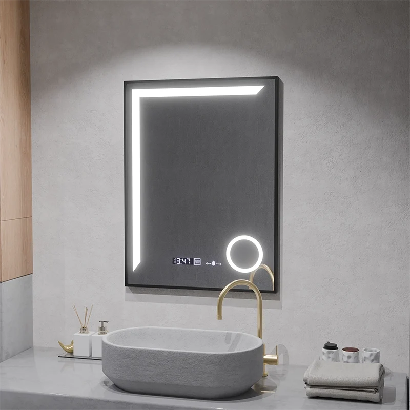 Oglinda LED Senzor MotionGlow Francesca 60x80 cm Lumina Calda/Rece/Neutra Dimabila Rama Negru Brushed Sistem Dezaburire Termometru Ceas Colectia Marcello Funghi