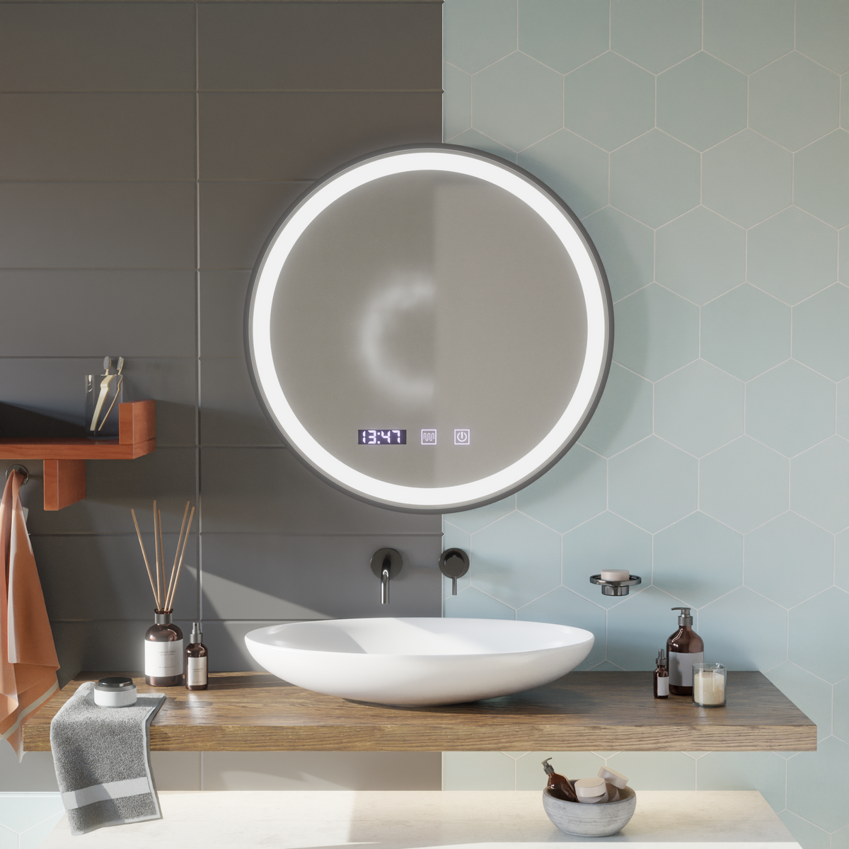Oglinda LED Touch NOVARA Sistem Dezaburire, Ceas si Temperatura 70 cm Rama Negru Brushed