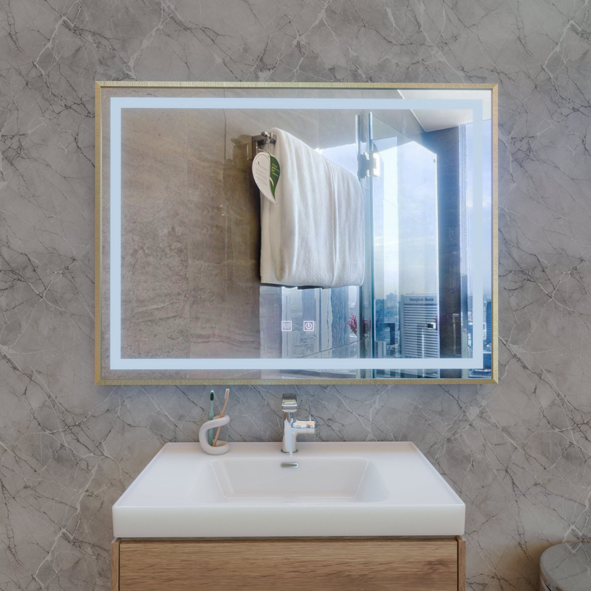 Oglinda LED RAYNA Touch, 80x60 cm, functie Dezaburire, Rama Auriu Brushed