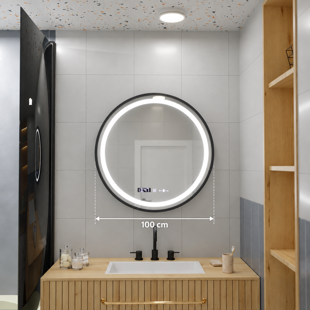 Oglinda LED Rotunda, 100cm, Celeste Majesté Noir MotionGlow Marcello, Sistem Dezaburire, Ceas & Termometru, Dimabila