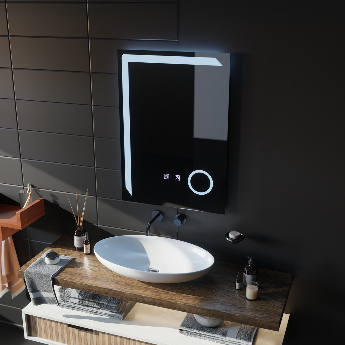 Oglinda LED Rectangulara, 50x70cm, Linea Touch, Sistem Dezaburire, Dimabila