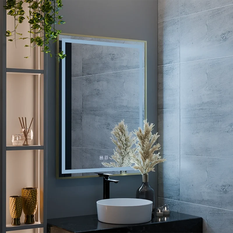 Oglinda LED RAYNA Touch, 60x80 cm, functie Dezaburire, Rama Auriu Brushed