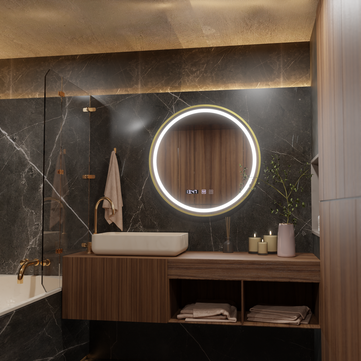 Oglinda LED Touch LUSSO Sistem Dezaburire, Ceas si Temperatura, 70 cm, rama Auriu Brushed, imaginea 3
