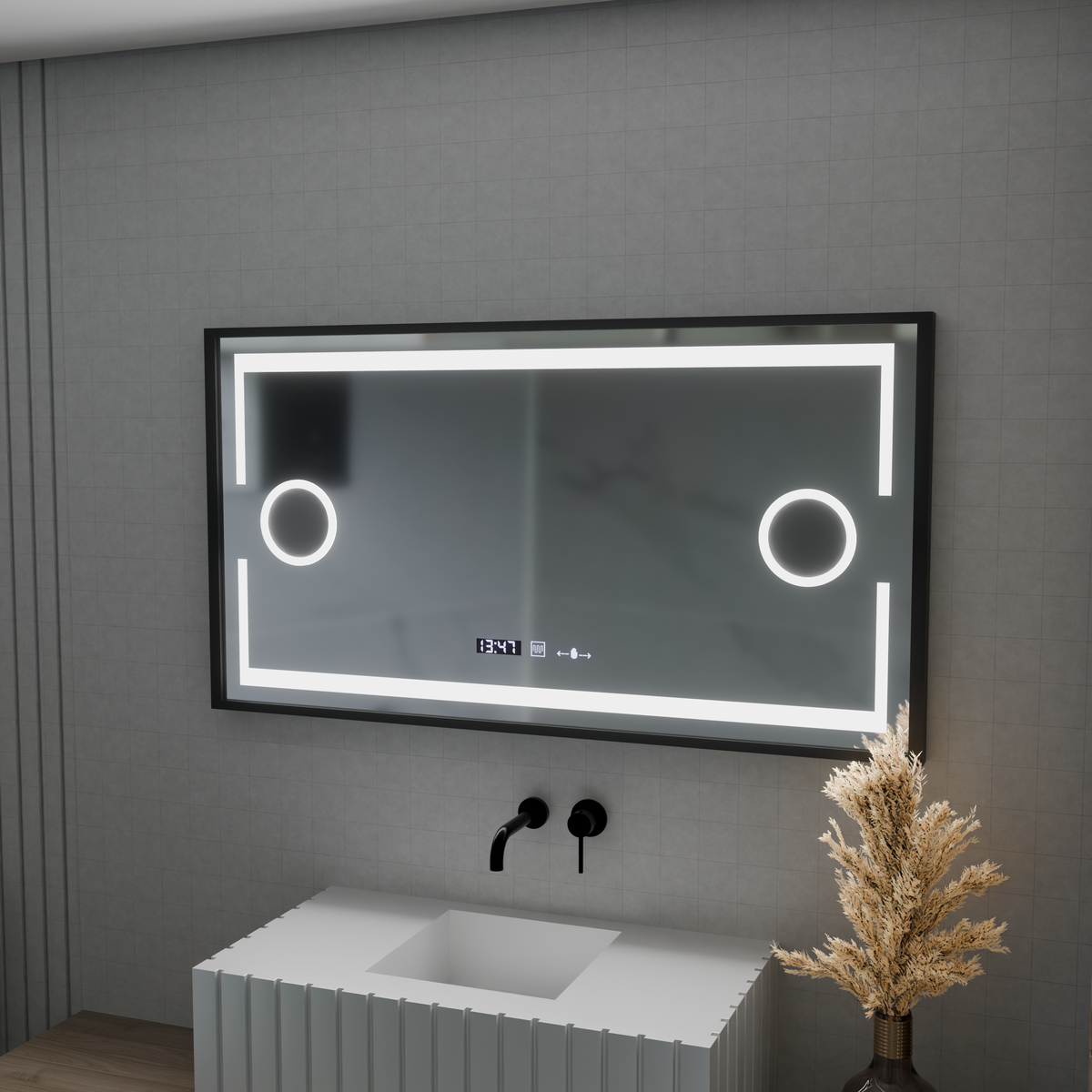 Oglinda LED Senzor MotionGlow Domingo cu functie Dezaburire Termometru Ceas 120x65 cm Lumina Rece/Calda/Neutra Dimabila, Rama Negru Brushed, colectia Marcello Funghi