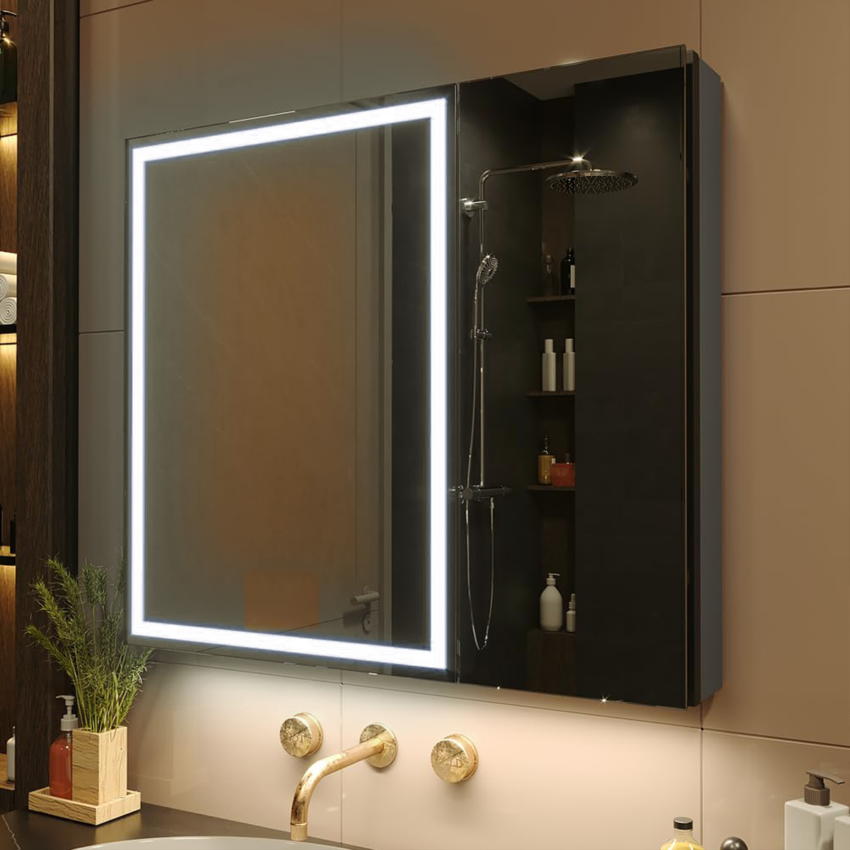Oglinda LED cu Dulap STRATO 75x70 cm Negru Iluminare Completa si Depozitare Spatioasa