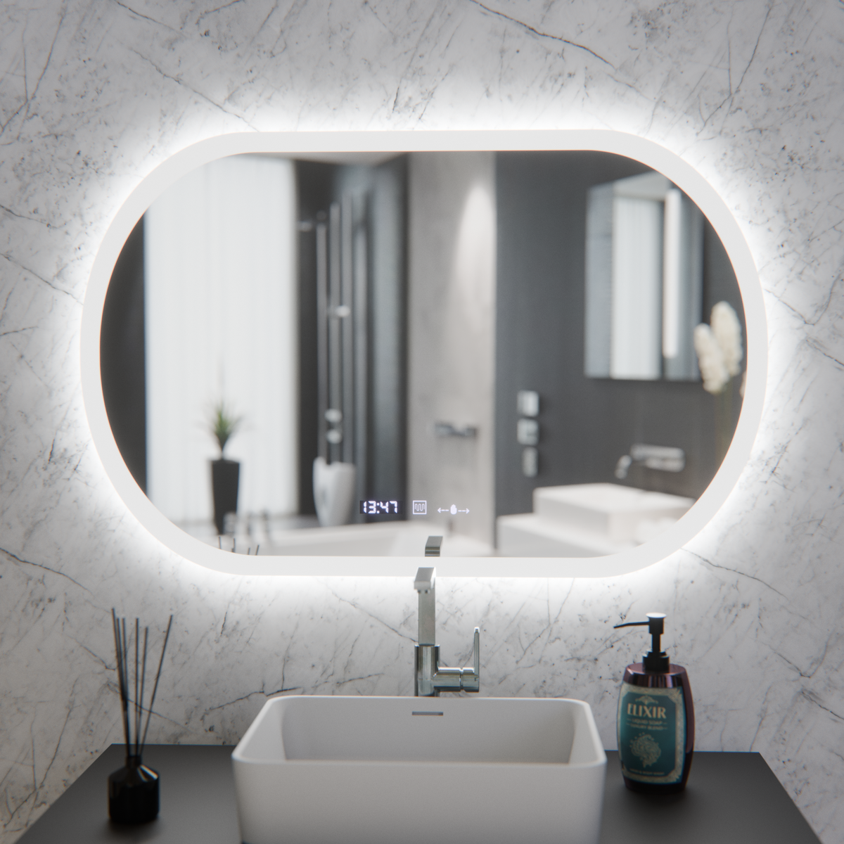 Oglinda LED Ovala, 80x50cm, Altera Senzor MotionGlow Marcello, Sistem Dezaburire, Ceas & Termometru, Dimabila