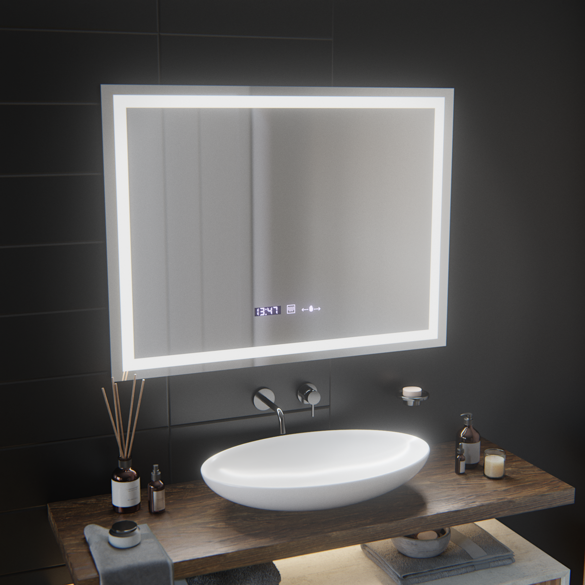 Oglinda LED Rectangulara, 100x75cm, Verite MotionGlow Marcello, Sistem Dezaburire, Ceas & Termometru, Dimabila