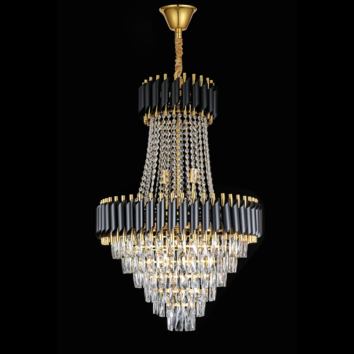 Candelabru Cristal CC900/800X1200, 23xE14, Diametru 80cm, Inaltime 120cm, Auriu Lucios si Negru, Inaltime Reglabila, Design Elegant