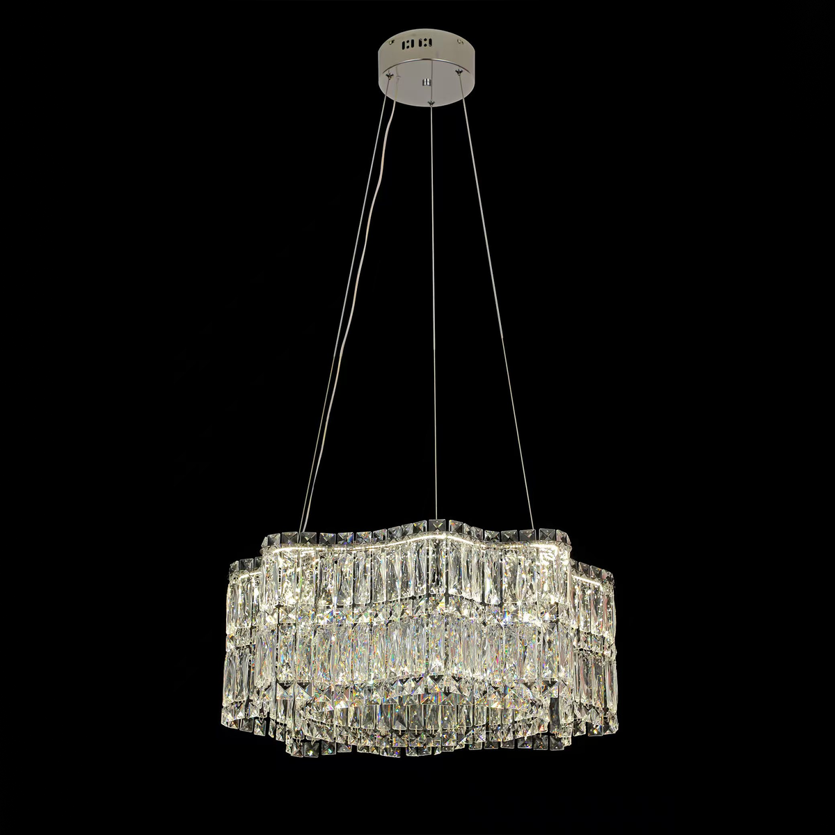Candelabru Cristal LED cu Telecomanda WAVE Imperio, 81W, 100cm, Crom Lucios, Lumina Calda/Rece/Neutra, Inaltime Reglabila, Lumina Dimabila, Metal si Cristal