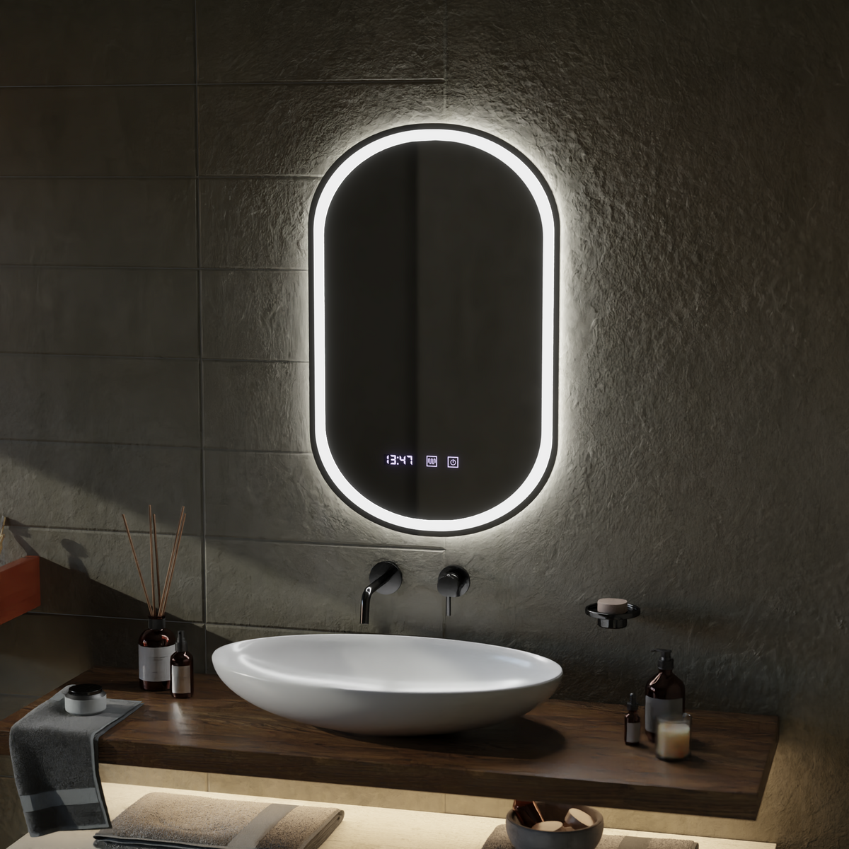 Oglinda LED Touch ONIRA Sistem Dezaburire, Ceas si Temperatura 50x80 cm, imaginea 3