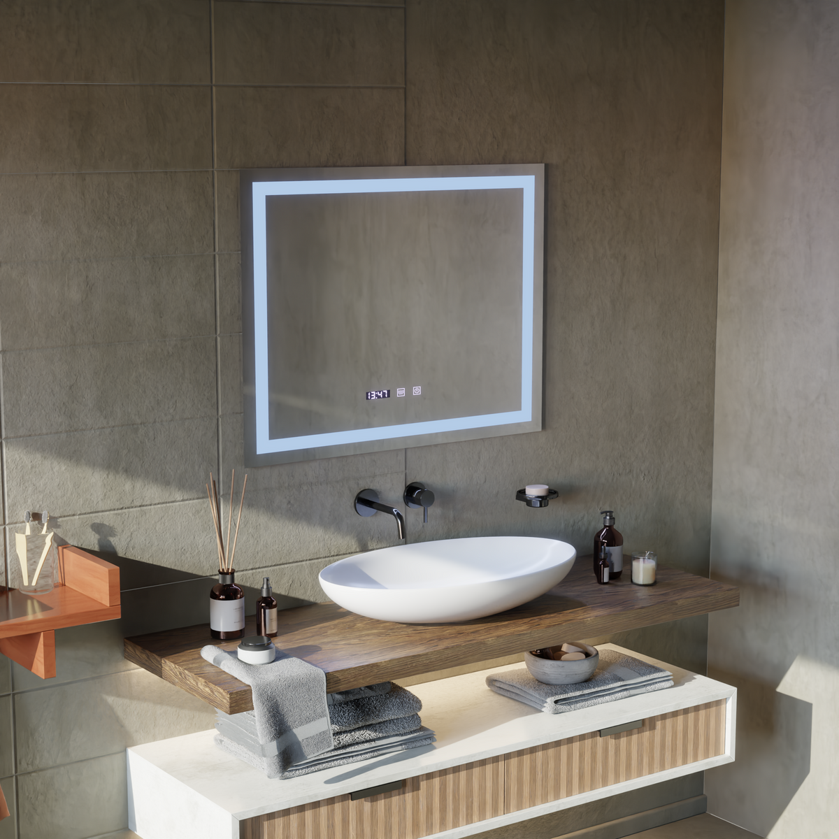 Oglinda LED Touch MODENA Sistem Dezaburire, Ceas si Temperatura 80x60 cm