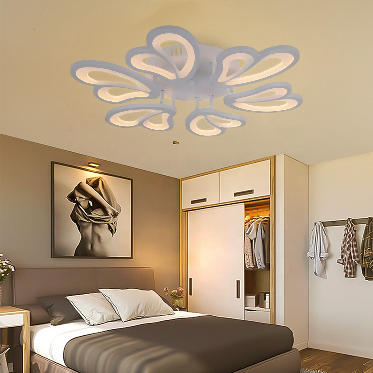 Lustra LED cu telecomanda BLOSSOM 78W, 6 Petale, Diametru 60cm, lumina Rece/Calda/Neutra, Dimabila, Alb