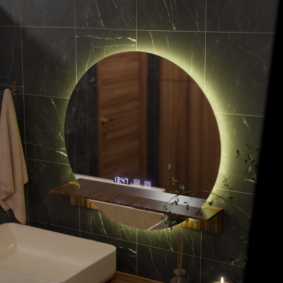 Oglinda LED Touch Alfred Sistem Dezaburire, Ceas si Temperatura 60x60 cm Cu Suport Integrat