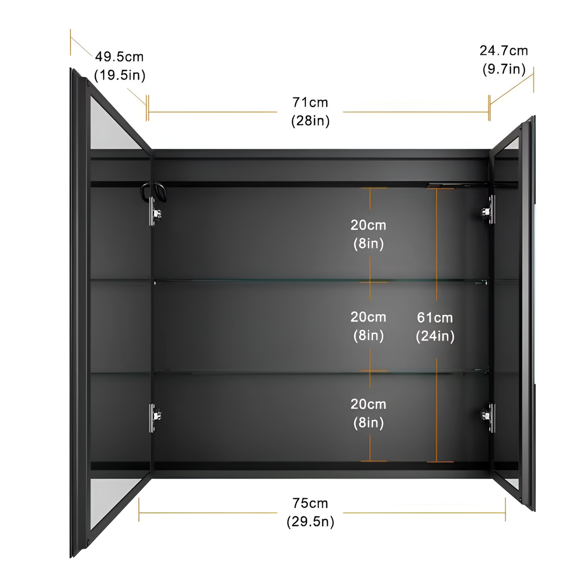 Oglinda LED cu Dulap STRATO 75x70 cm Negru Iluminare Completa si Depozitare Spatioasa