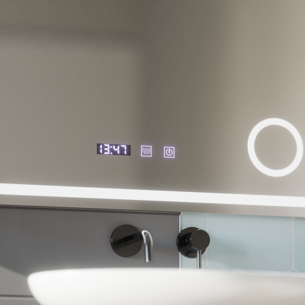 Oglinda LED Touch NIVERA Sistem Dezaburire, Ceas si Temperatura 80x60 cm Lupa Cosmetica, imaginea 2