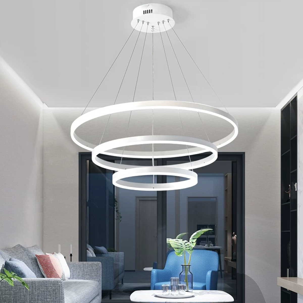 Lustra LED suspendata cu telecomanda SERENA 85W, 60cm, 3 Cercuri, lumina Rece/Calda/Neutra, Dimabila, Alb, Inaltime Reglabila, imaginea 1