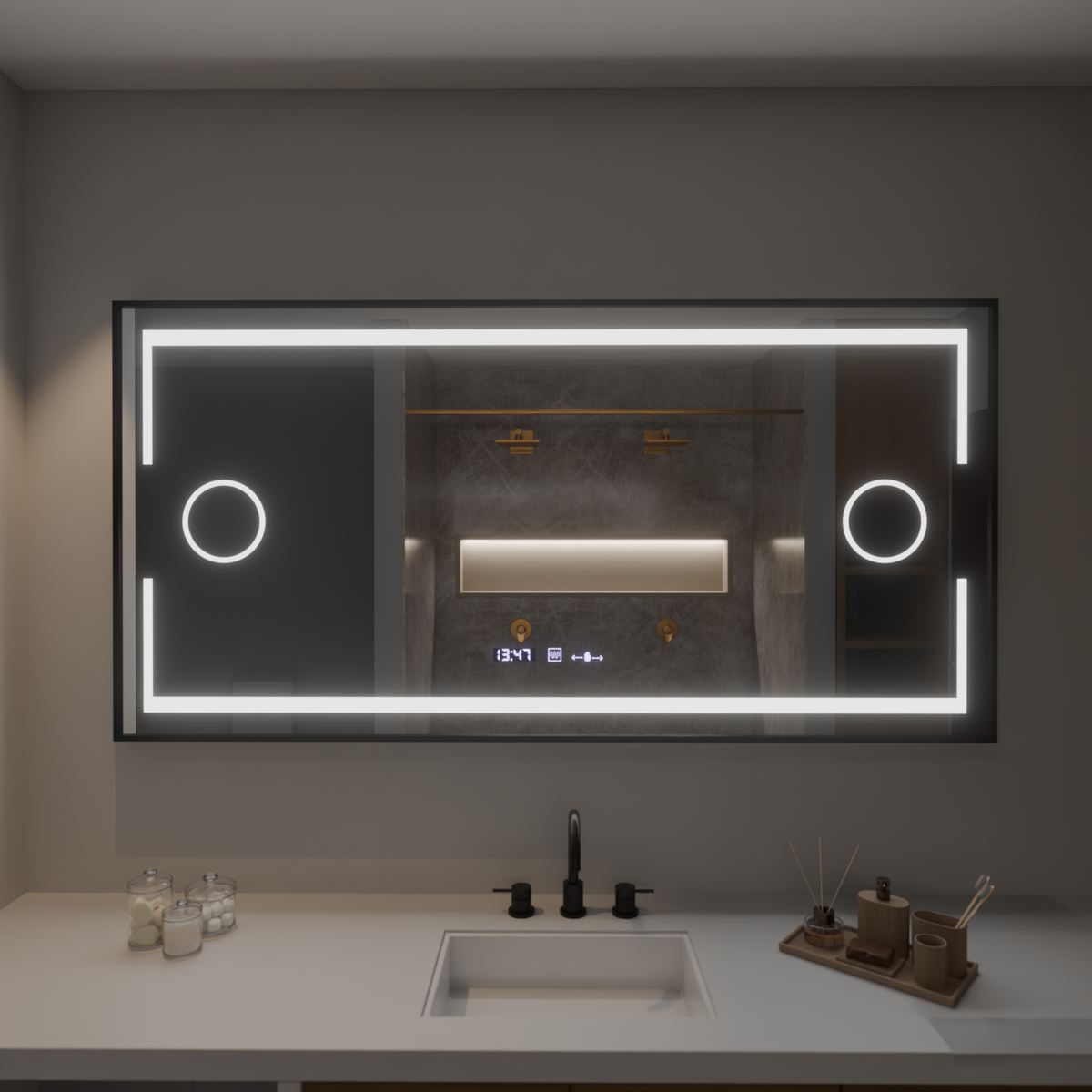 Oglinda LED Rectangulara, 160x80cm, Senzor MotionGlow Marcello, Sistem Dezaburire, Ceas & Termometru, Lupa Cosmetica, Dimabila