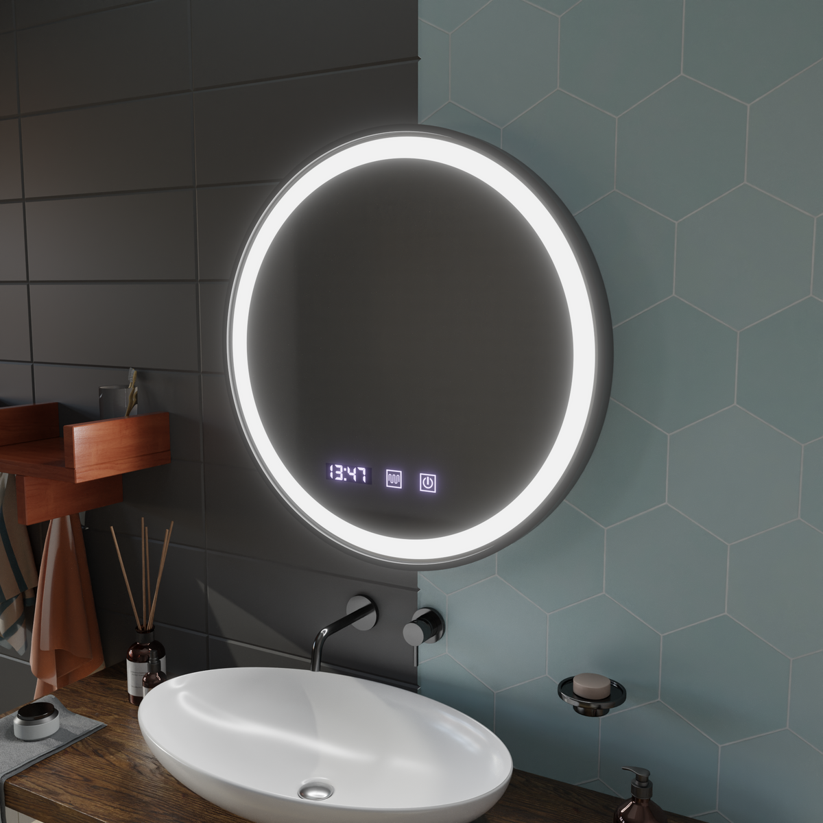 Oglinda LED Touch NOVARA Sistem Dezaburire, Ceas si Temperatura 90 cm Rama Negru Brushed